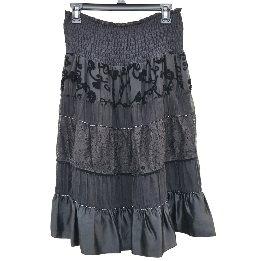 Vintage Y2k Silk Express Velvet Midi Witchy Black Whimsy Beaded Skirt Boho X S